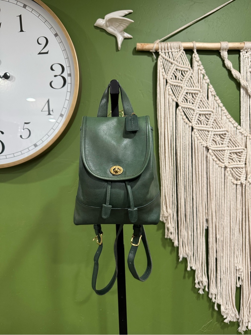 Coach Vintage Bottle Green Leather Turn-Lock Backpack